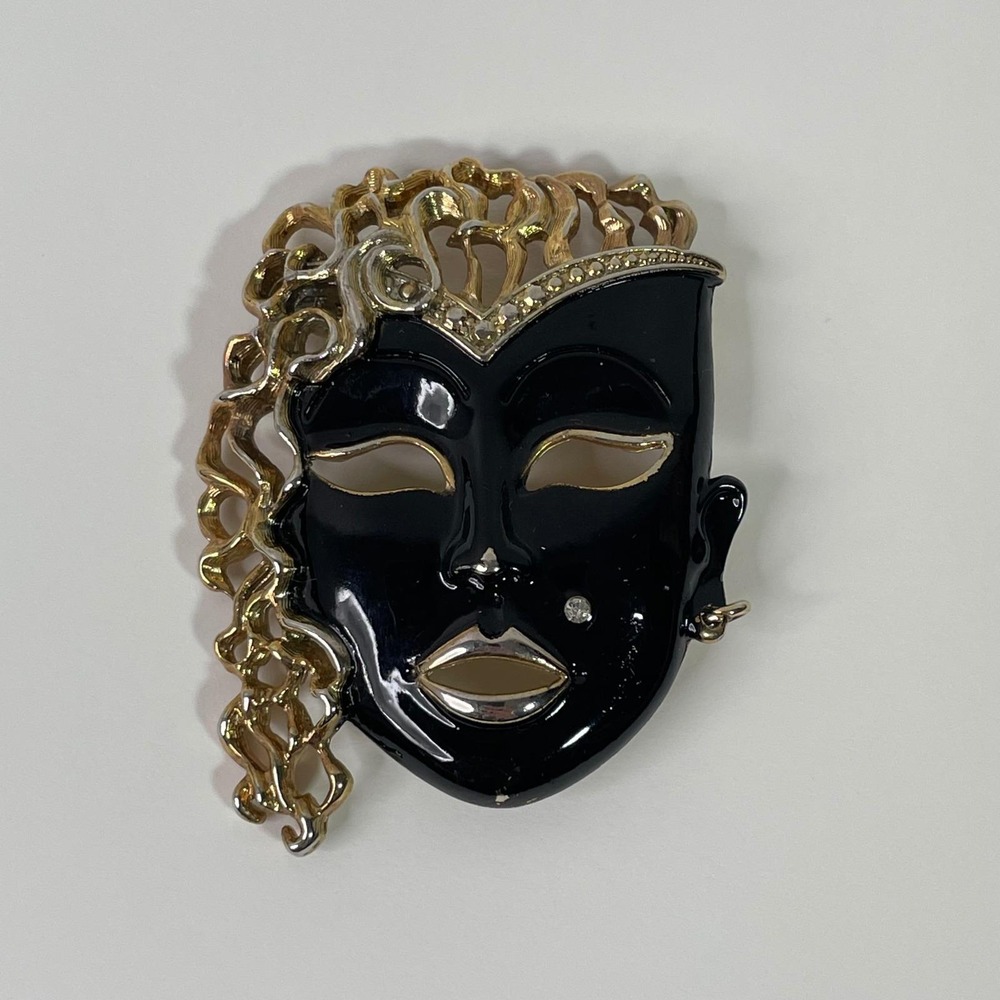 Vintage Black Enamel Masquerade Mask Brooch Gold Silver Tone Rhinestone Goth Pin